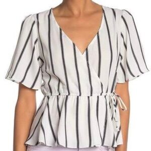 Socialite Black and White Surplice Flutter Sleeve Faux Wrap Short Sleeve Blouse
